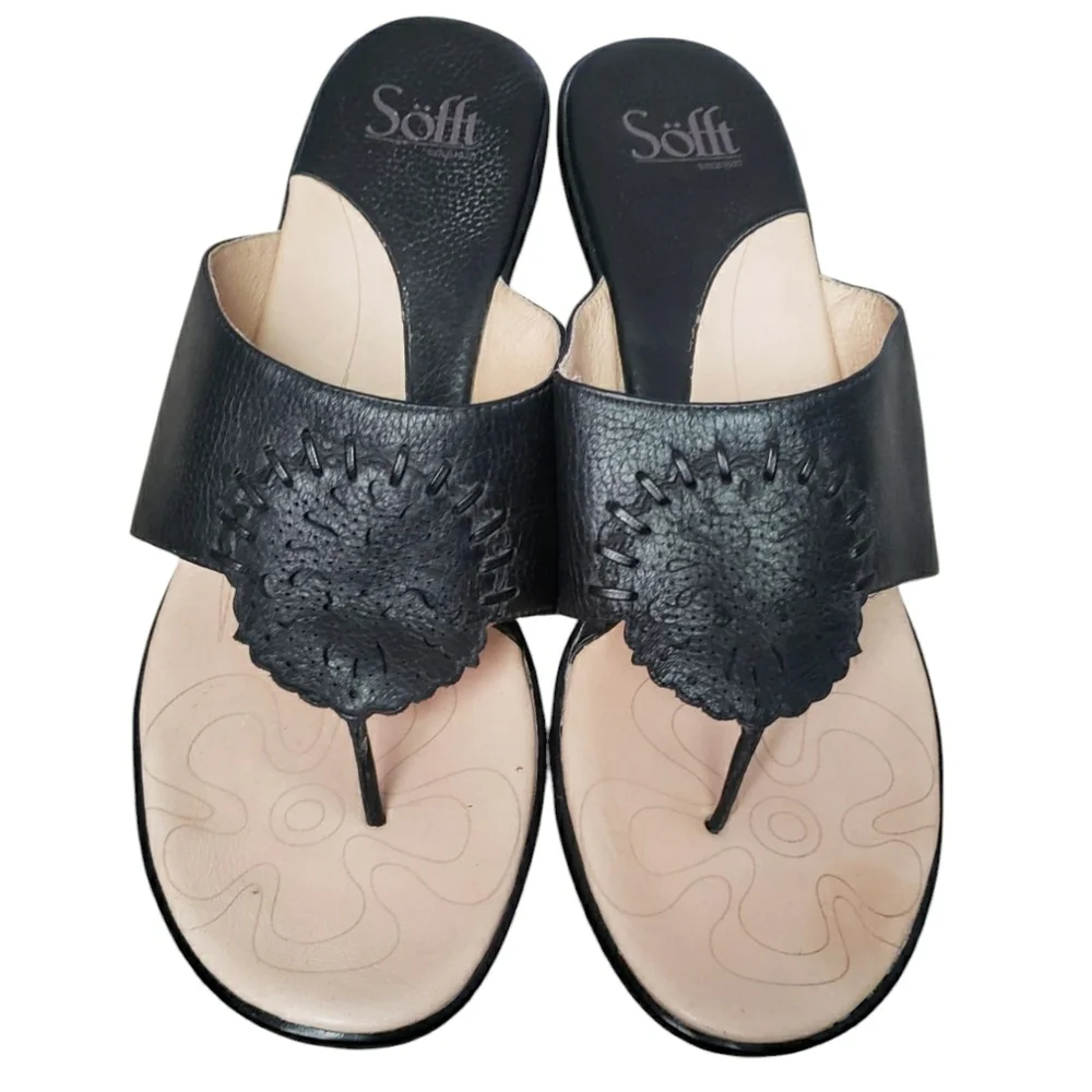 Sofft Sandals Black Womens 9.5 Heeled Thong Comfort Casual Leather Slide Sandal